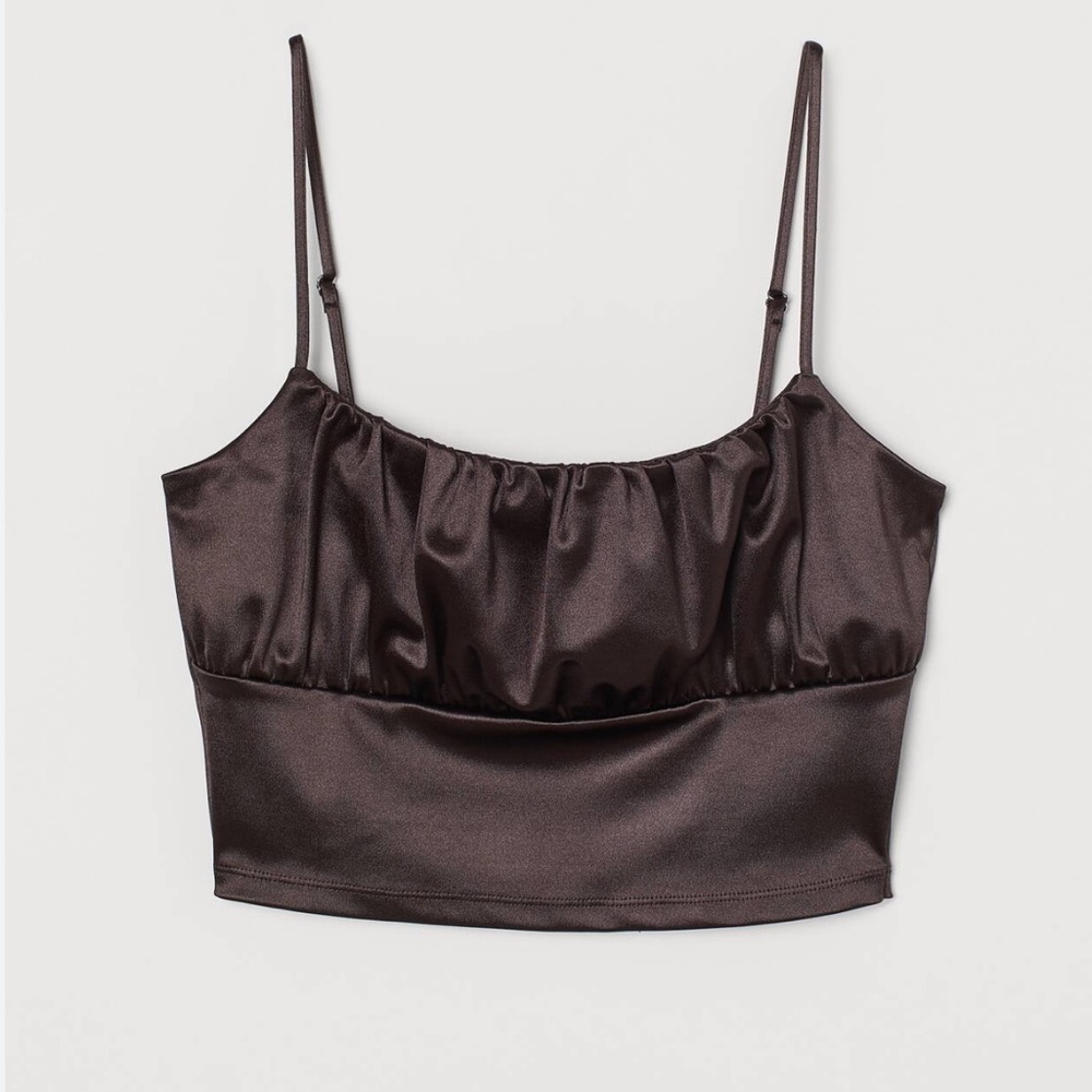 Divided H&M brown silky busty ruche satin crop top tank Spaghetti straps Size M